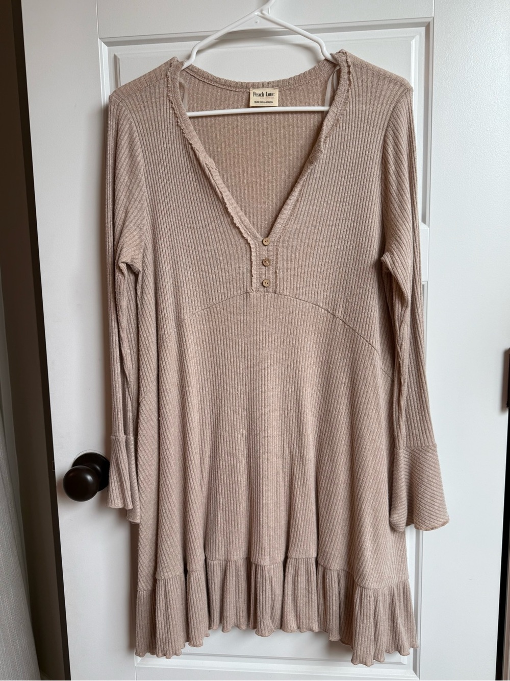 Peach Love California Beige Ribbed V-Neck Tunic with Button Detail